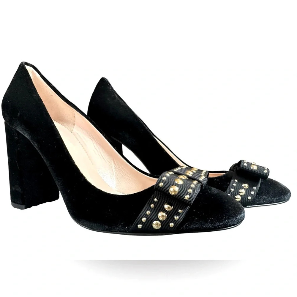 J. Crew Plush Velvet Gold-Studded Bow Rounded Toe Block Heels